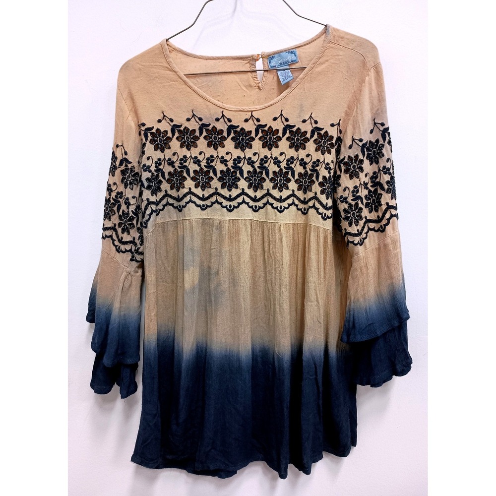 Studio West Boho Peasant To Womens Medium Tan Blue Ombre Embroidered Bell Sleeve